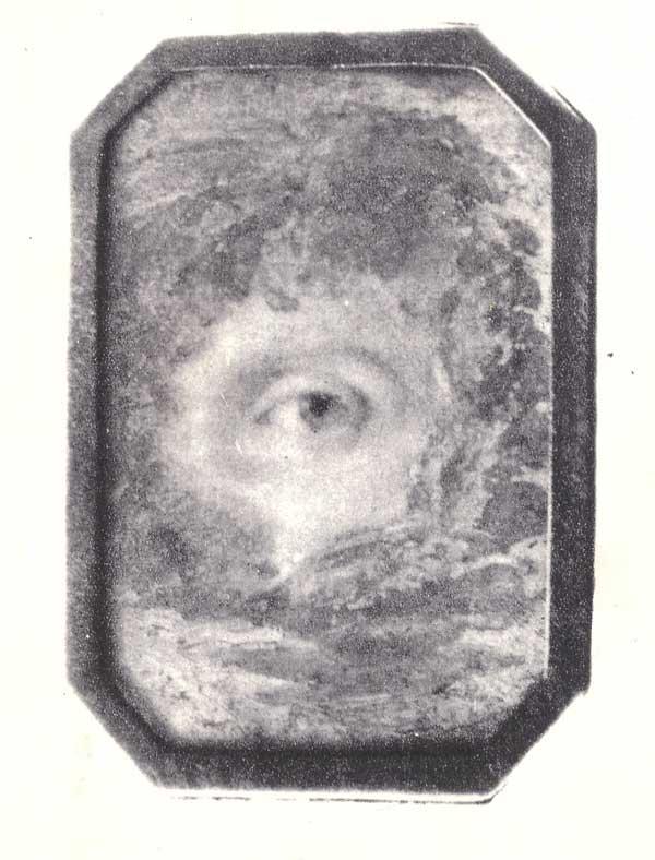 MANUEL BELGRANO. Curiosa miniatura sobre marfil, que representa con perfección el ojo izquierdo del creador de la bandera, entre nubes, y que conserva el Museo Histórico Nacional.
