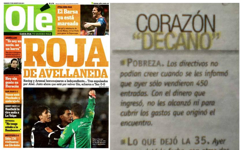 LAS PRUEBAS. En el margen inferior izquierdo de la tapa de Olé se recuerda a los 136 hinchas que regresaron a las canchas después de cuatro años mientras que, a la derecha, se puede ver un recorte de LA GACETA en el que se resalta el escaso público que asistió el domingo a la cancha. LA GACETA