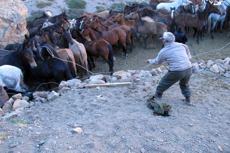 Un miembro de la expedición prueba su suerte con el lazo en el refugio Real de la Cruz.