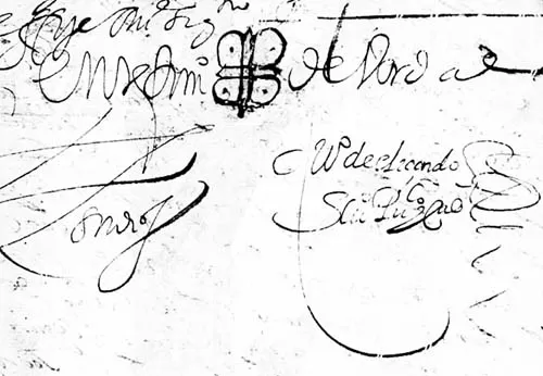 DOCUMENTO DE LA EPOCA. Firma y “signo” de escribano en una actuación judicial de 1608, que conserva el Archivo Histórico de Tucumán.