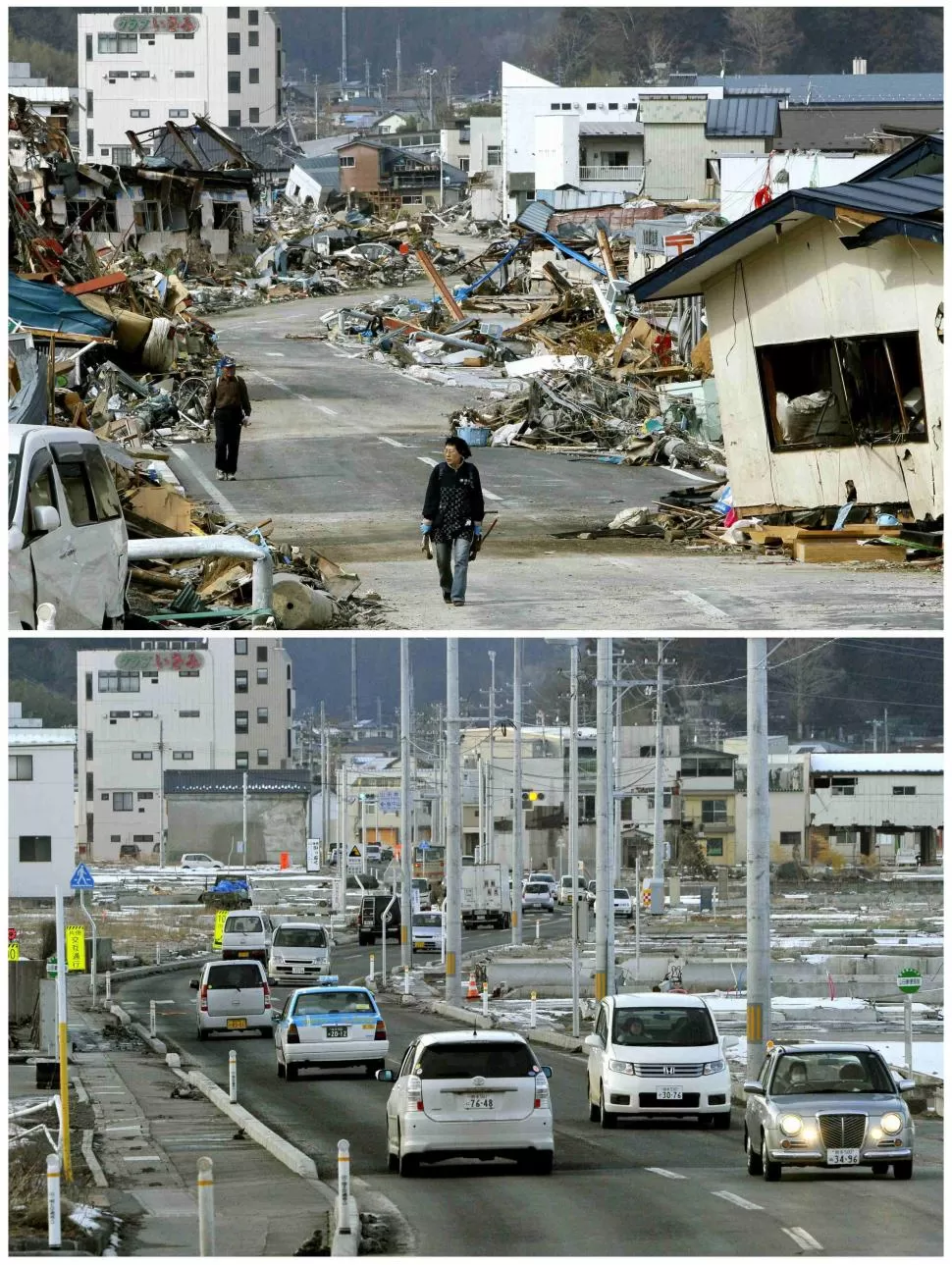 EL MISMO LUGAR. Yamada, destruida (arriba) y recuperada de la tragedia. FOTOS DE REUTERS