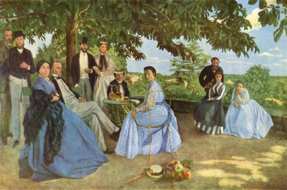 ÓLEO SOBRE LIENZO. Reunión de familia, también llamado Retratos de familia, una obra de Frédéric Bazille, de 1867. El autor francés admiraba en particular las escenas al aire libre. 