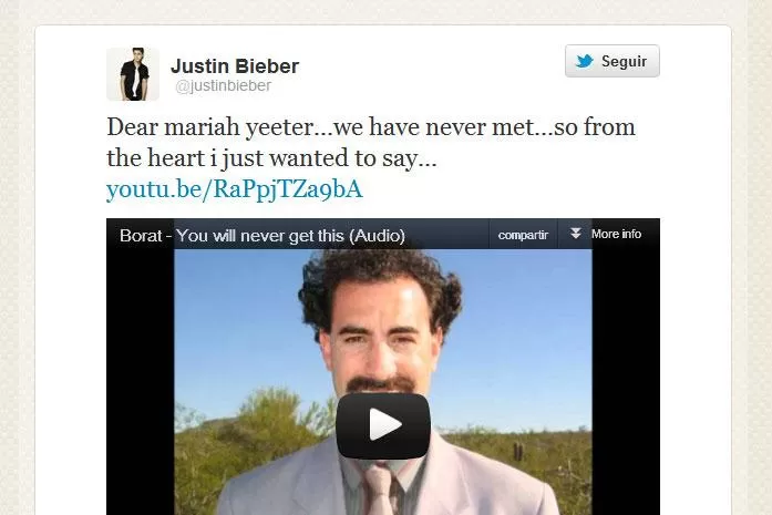 BURLA. Justin Bieber recordó a Mariah Yeather en Twitter. CAPTURA DE PANTALLA.