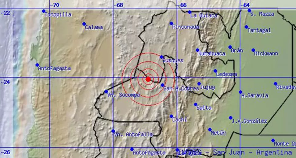 EN EL LIMITE. El epicentro del temblor se ubicó a 37 kilómetros de San Antonio de los Cobres. FOTO TOMADA DE INPRES GOV.AR