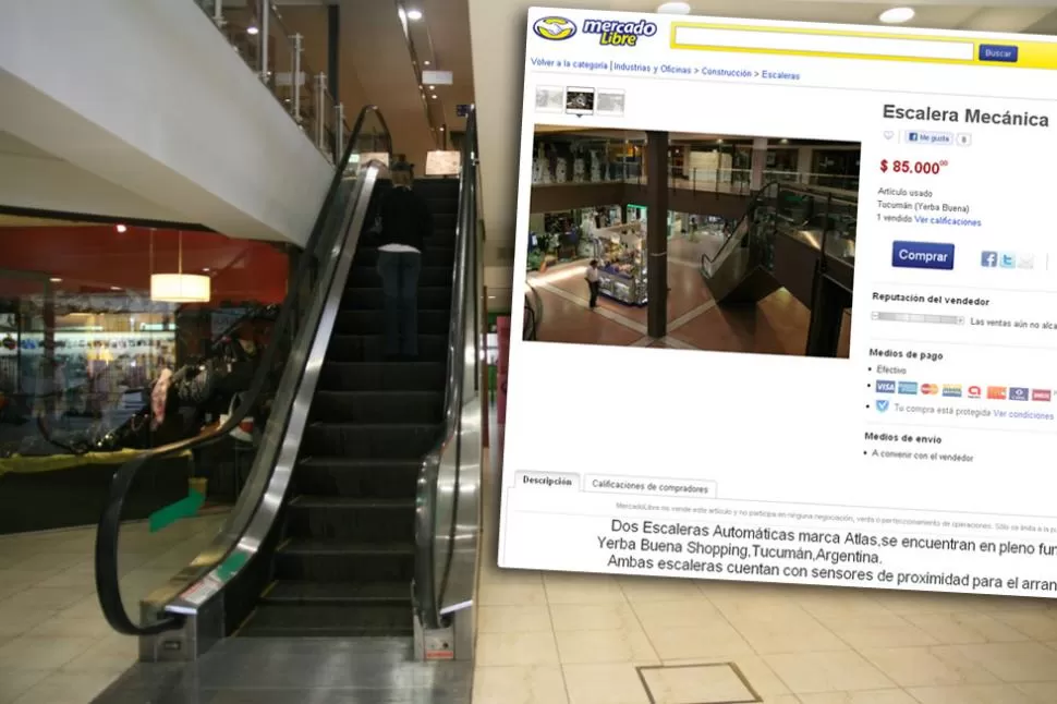 A LA VENTA. Las escaleras que llevan 18 años en el shopping serán reemplazadas por otras nuevas. IMAGENES TOMADAS DE MERCADOLIBRE.COM.AR