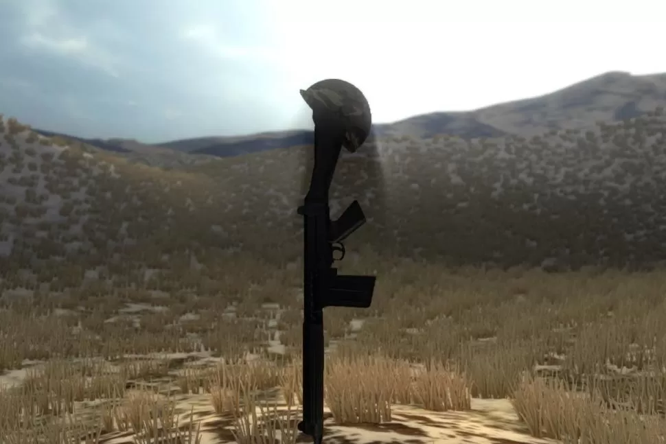 EN EL CAMPO DE BATALLA. El casco y arma de un soldado argentino, mostrado en el videojuego aún por terminar. CAPTURA DE PANTALLA