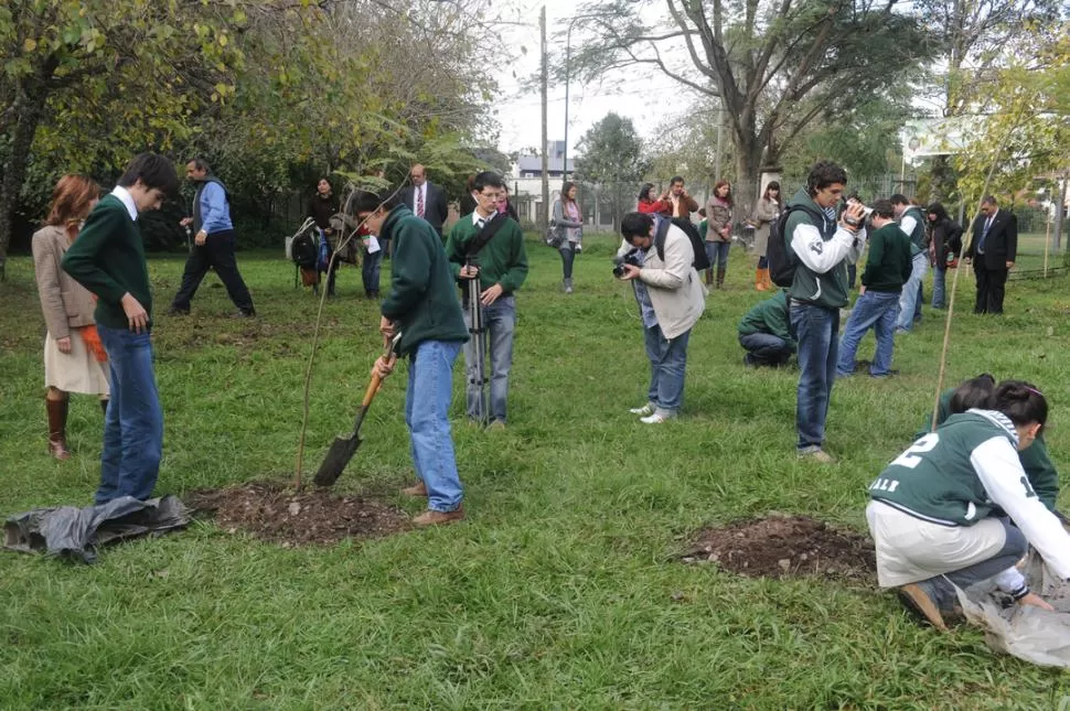 PADRINOS COMPARTIDOS. Los estudiantes que participaron de la jornada ambientalista fueron los que sembraron los ejemplares en el parque.LA GACETA / FOTOS DE ANTONIO FERRONI 