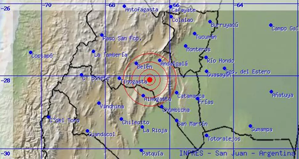 SACUDON. Los tres temblores tuvieron como epicentro la localidad de Saujil. IMAGEN TOMADA DE INPRES.GOV.AR