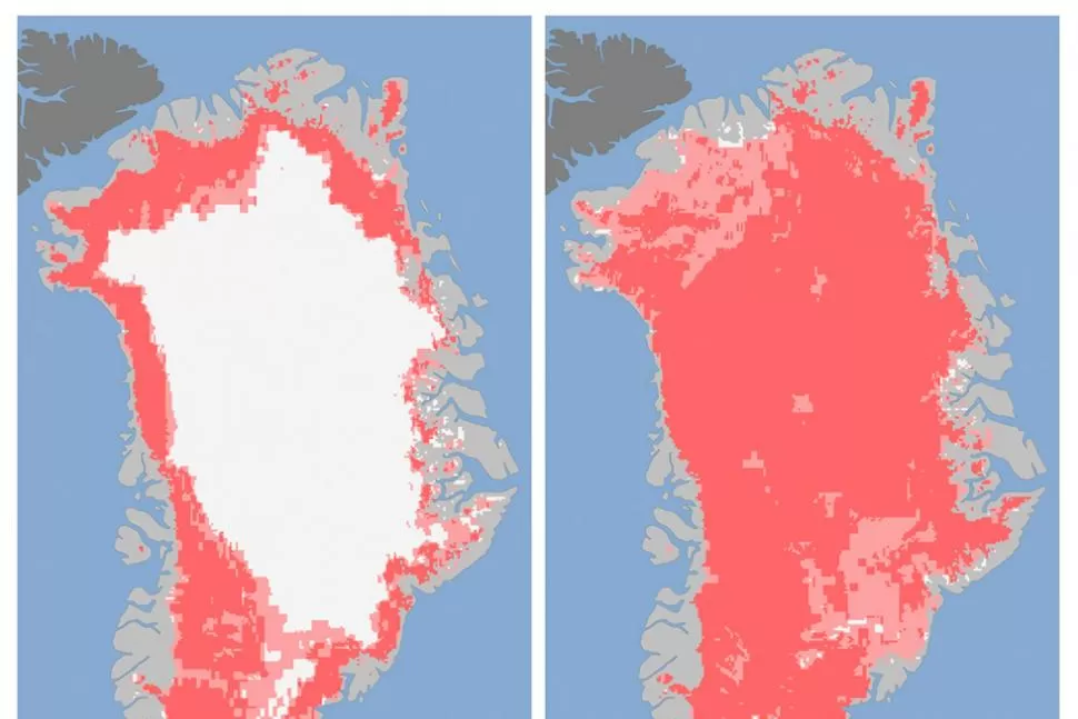 COMPARACION. En las dos imágenes de la NASA se puede ver el estado de la isla antes y después del deshielo. REUTERS