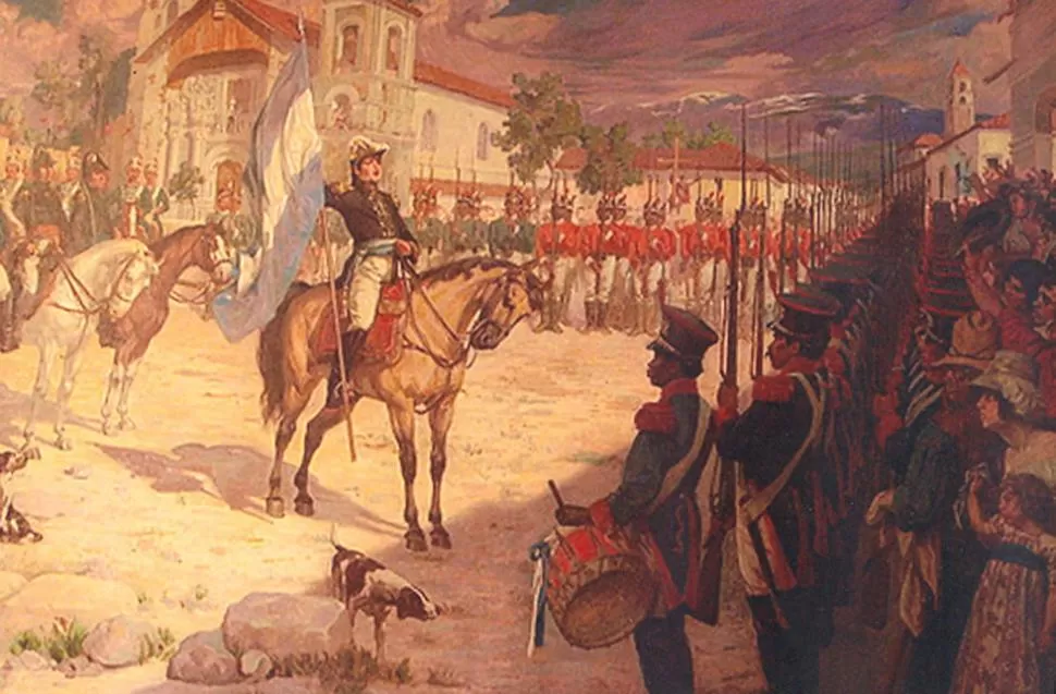 25 DE MAYO DE 1812. En la plaza de San Salvador de Jujuy, Belgrano presentó al ejército y al pueblo la enseña celeste y blanca, aún no autorizada.