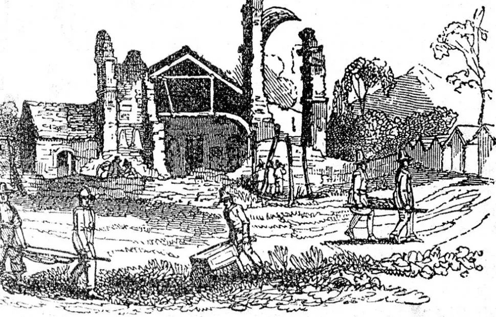 TEMPLO DE TRANCAS. La iglesia donde era cura el doctor Laguna,  aparece destruida en el terremoto de 1826, según un dibujo publicado en Londres en 1830. LA GACETA / ARCHIVO