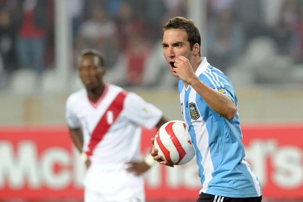 FESTEJO ARGENTINO. Gonzalo Higuain celebra el gol del empate, anotado a los 37 minutos del primer tiempo. TELAM