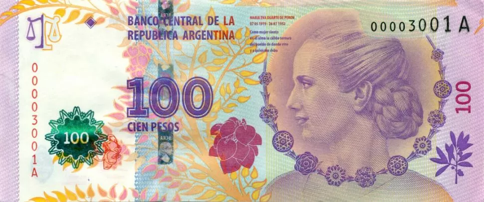 ANVERSO. Se reproduce el retrato de María Eva Duarte, de perfil izquierdo. PRENSA BCRA