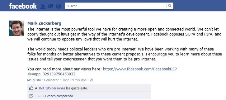 CONTUNDENTE. El creador de Facebook mostró su repudio a SOPA y PIPA. CAPTURA DE PANTALLA