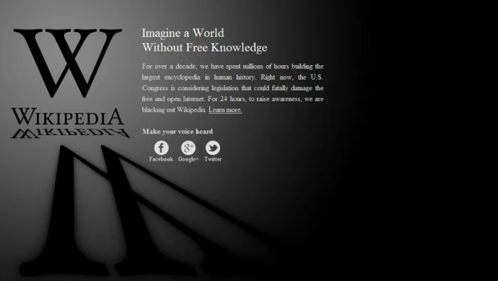 PROTESTA. Imagina un mundo sin conocimiento libre, dice Wikipedia en su versión en inglés en señal de protesta. IMAGEN TOMADA DE WIKIPEDIA.COM