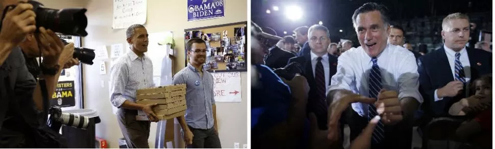 DISTINTOS ESTILOS. Obama repartió pizzas con una organización de voluntarios. Romney llegó a Denver, donde se realizará mañana el debate. FOTOS DE REUTERS