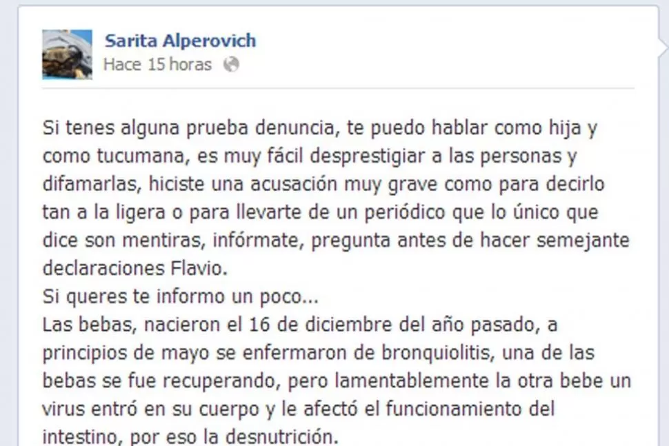 Este es el texto que Sarita Alperovich colgó en su cuenta en Facebook. CAPTURA DE PANTALLA