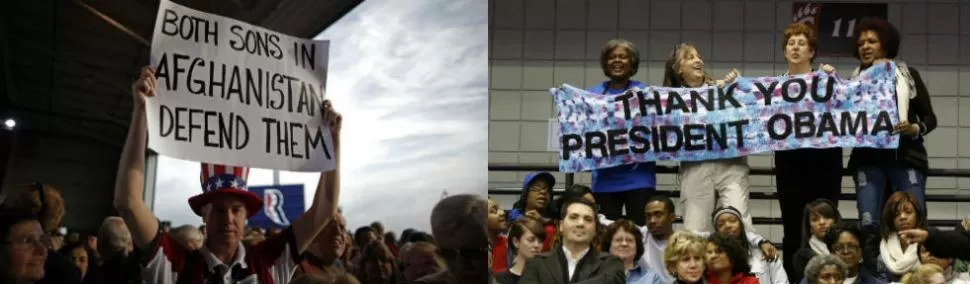 EN CAMPAÑA. A la izquierda, un simpatizante de Romney pide apoyo para sus hijos, que están en Afganistán. A la derecha, un grupo de mujeres agraedece a Obama. FOTOS DE REUTERS