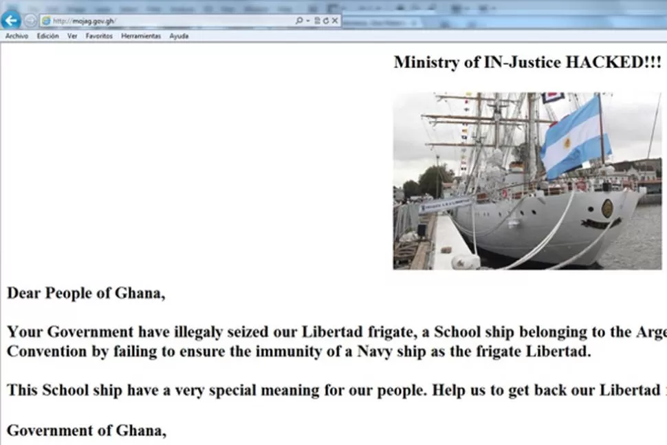 CON FOTO INCLUIDA. Los hackers pusieron una foto de la Fragata Libertad en el sitio web.