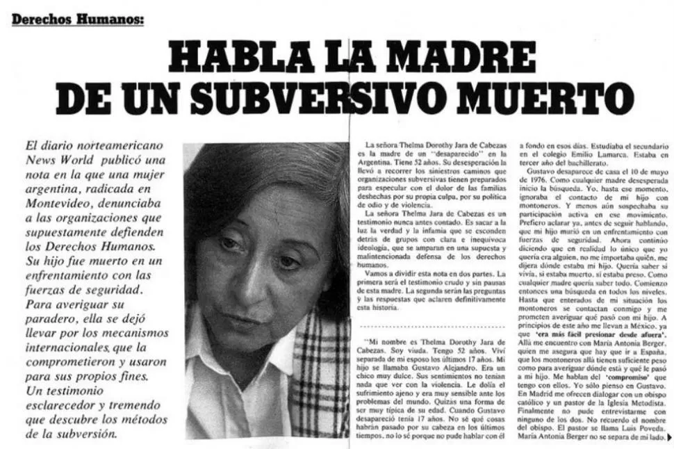 FRAGUADO. Estando secuestrada, a Jara de Cabezas la obligaron a participar de un reportaje sobre su hijo subversivo. FOTO ARCHIVO