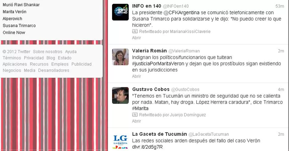 CALIENTE. Entre los temas del momento en Twitter se destaca el caso de Marita Verón. CAPTURA DE PANTALLA