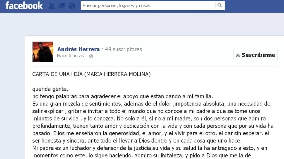 EN FACEBOOK. María Herrera Molina publicó la carta en el perfil de su hermano Andrés Herrera Molina. CAPTURA DE PANTALLA / FACEBOOK.COM/ANDRESHERRERA