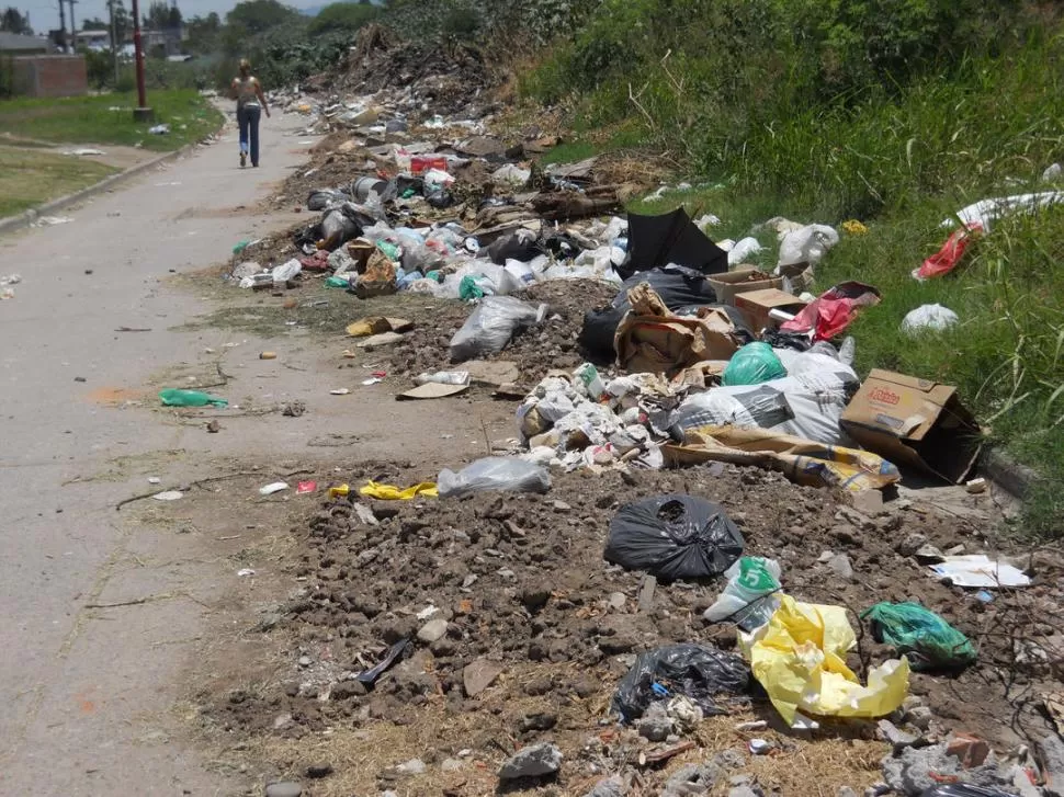 IMPACTO AMBIENTAL. El cordón maloliente de desechos se extiende y se ensancha a lo largo de la principal arteria del barrio. En medio de este foco infeccioso los vecinos tienen que abordar el ómnibus de la línea 7. 