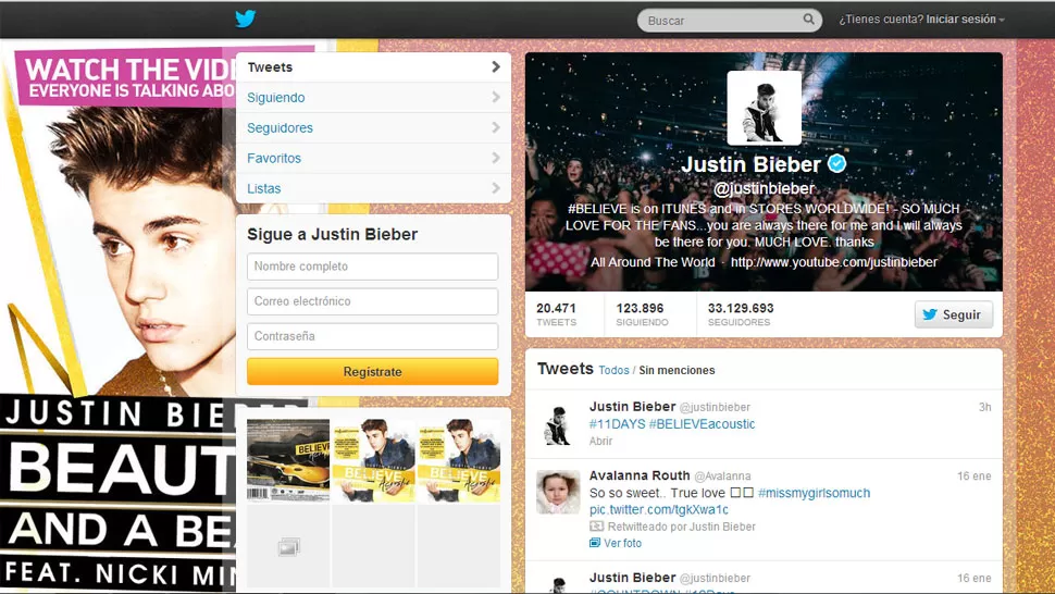 EXITOSO. Justin Bieber podría ser el twittero con más seguidores del mundo. CAPTURA DE PANTALLA.