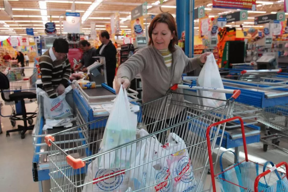 PRECIOS BAJO EL CONVENIO. Una mujer ubica los productos en el carrito, en un supermercado. TELAM
