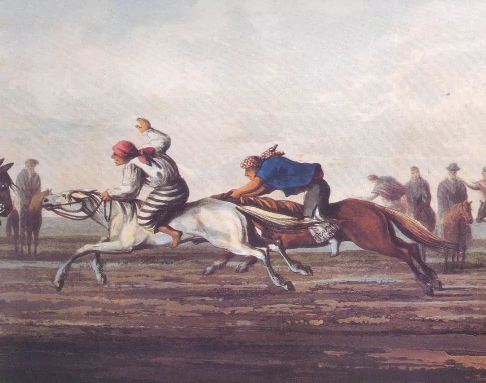    CUADRERA. Final de una carrera en un grabado coloreado de 1820 incluído en la obra El Gaucho, de Bonifacio Del Carril.