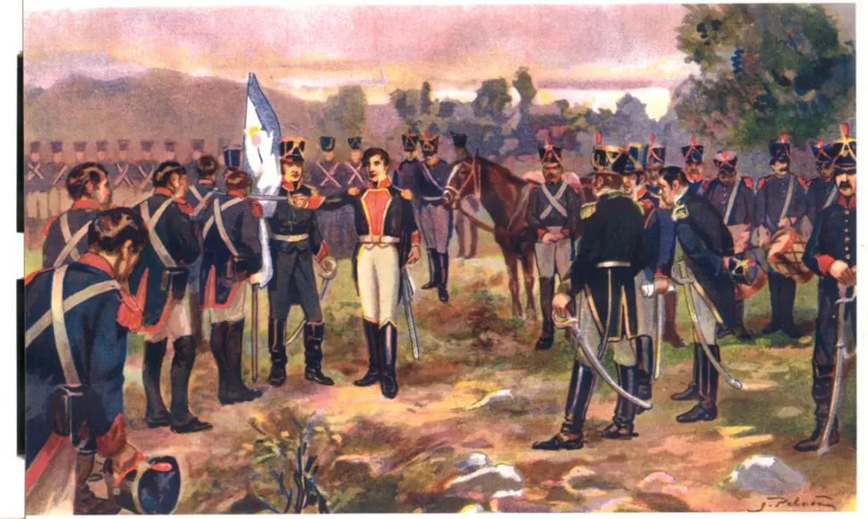 CEREMONIA DEL 13 DE FEBRERO. Haciendo cruz con su espada y el asta de la bandera, el general Manuel Belgrano toma el juramento a sus soldados. Reconstruye la escena esta ilustración de Juan Peláez, de 1910. 