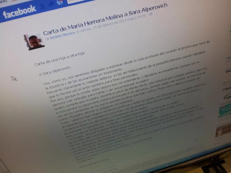 POR FACEBOOK. La carta es la segunda que escribe María Herrera Molina tras el juicio por el caso Verón. CAPTURA DE PANTALLA DE FACEBOOK.COM/ANDRESHERRERA78
