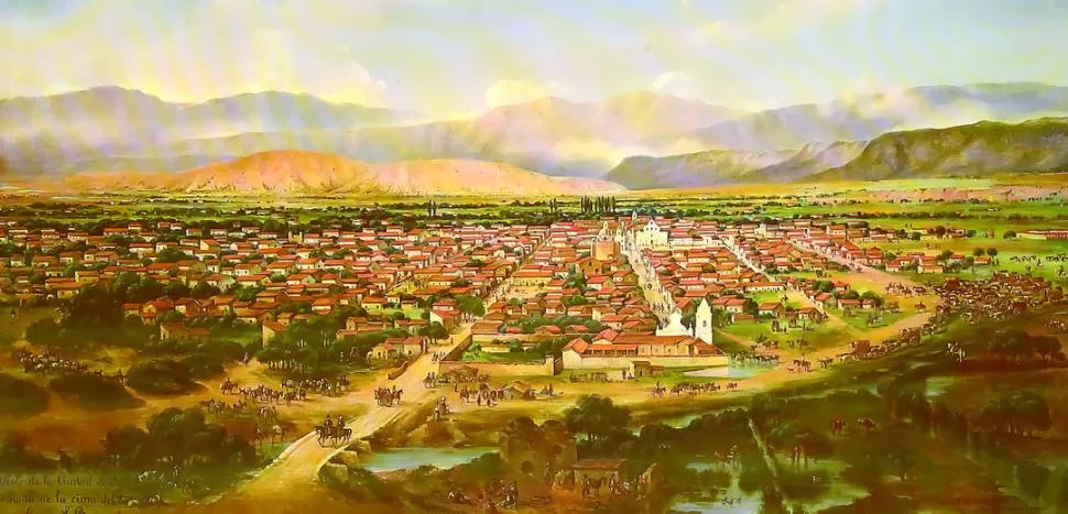 SALTA AL PROMEDIAR EL SIGLO XIX. En 1854, el pintor Carlo Penuti ejecutó esta célebre imagen de la ciudad, vista desde la cima del cerro San Bernardo. FOTOS ARCHIVO LA GACETA   