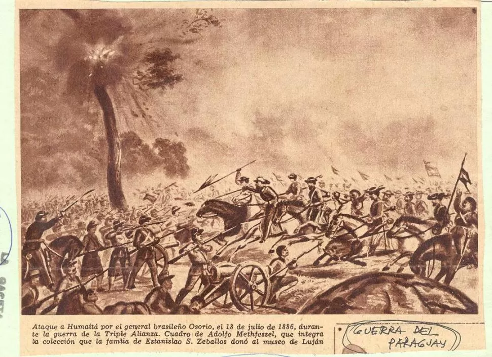                 LA BATALLA DE HUMAITÁ. Uno de los feroces combates de la Guerra del Paraguay, reconstruido en esta pintura de Adolfo Methfessel, que guarda el Museo de Luján. 