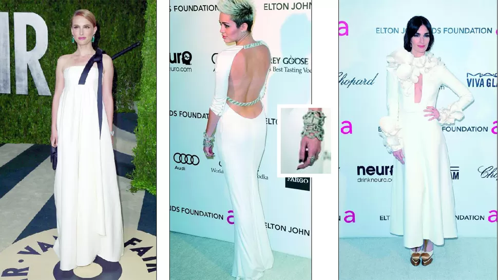OTRA ALFOMBRA. Natalie Portman, Miley Cyrus -¿qué se hizo en las uñas?- y Paz Vega fueron a la fiesta de Vanity Fair, después de la ceremonia.