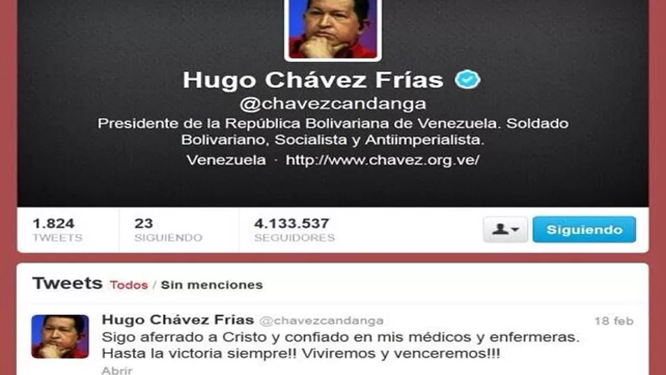 TWITTER. Chávez ra el gobernante latinoamericano con más seguidores en la popular red social. CAPTURA DE IMAGEN