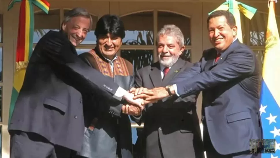 LOS ALIADOS. Kirchner, Evo, Lula y Chávez, presidentes latinoamericanos. CAPTURA DE VIDEO