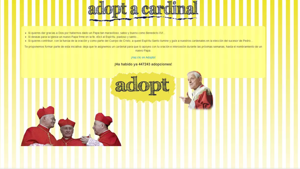 POR LA RED. A través de la página Adopt a cardinal se sortea un purpurado para rezar por él y encomendarse al Espíritu Santo. CAPTURA DE PANTALLA