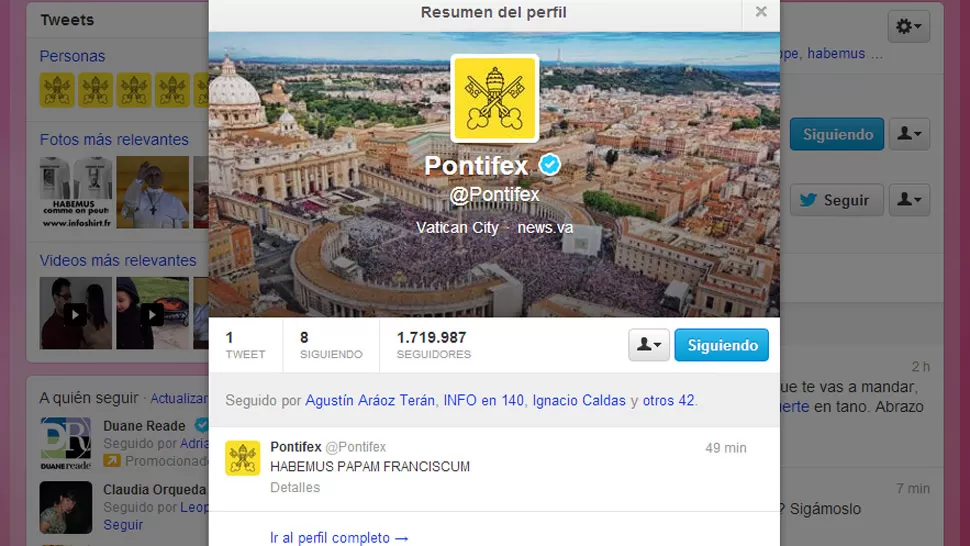EN EL MUNDO VIRTUAL. La cuenta del Papa tuitea otra vez. CAPTURA DE PANTALLA
