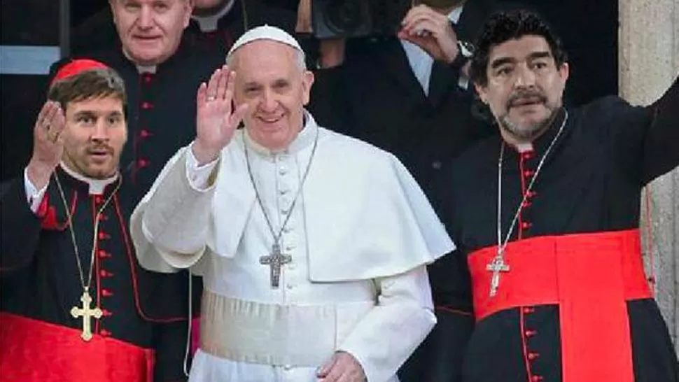 TODOS JUNTOS. Messi, Bergoglio y Maradona se unieron gracias a un fotomontaje. FOTO TOMADA DE CANCHALLENA.COM