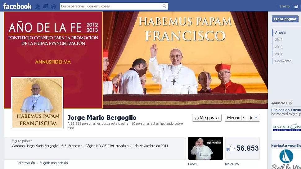 LEJOS DE LA TECNOLOGIA. Aunque hay muchas páginas de Bergoglio en Facebook, ninguna es oficial. CAPTURA DE PANTALLA