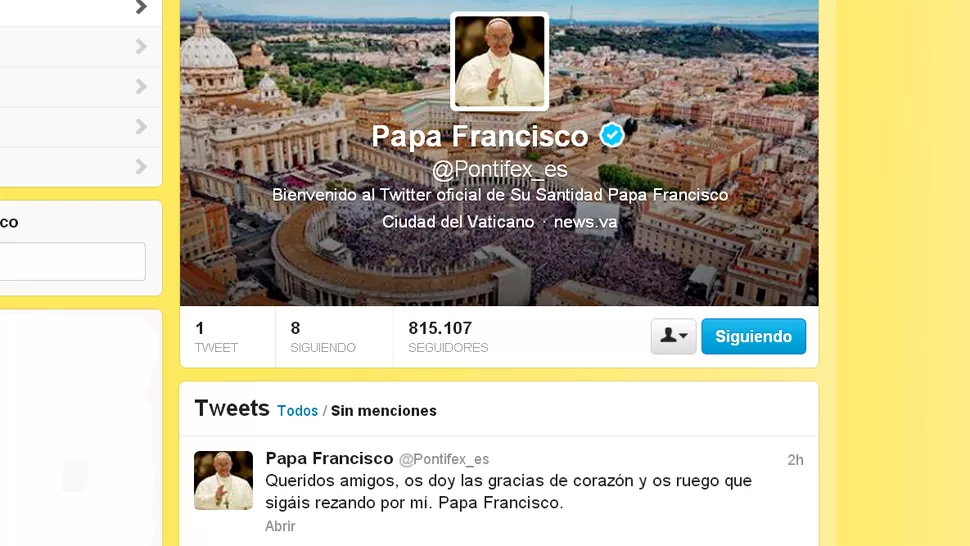 REGRESO A LA WEB. La cuenta del Papa se reactivó, tras la renuncia de Benedicto XVI. FOTO TOMADA DE TWITTER.COM / PONTIFEX_ES