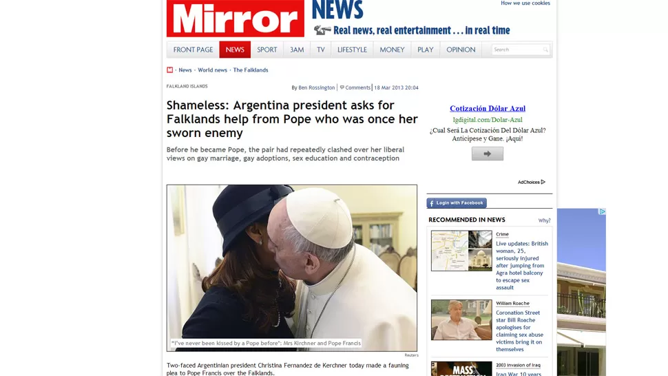 DOS CARAS. El Daily Mirror cuestionó el pedido de Cristina al Papa. CAPTURA DE PANTALLA