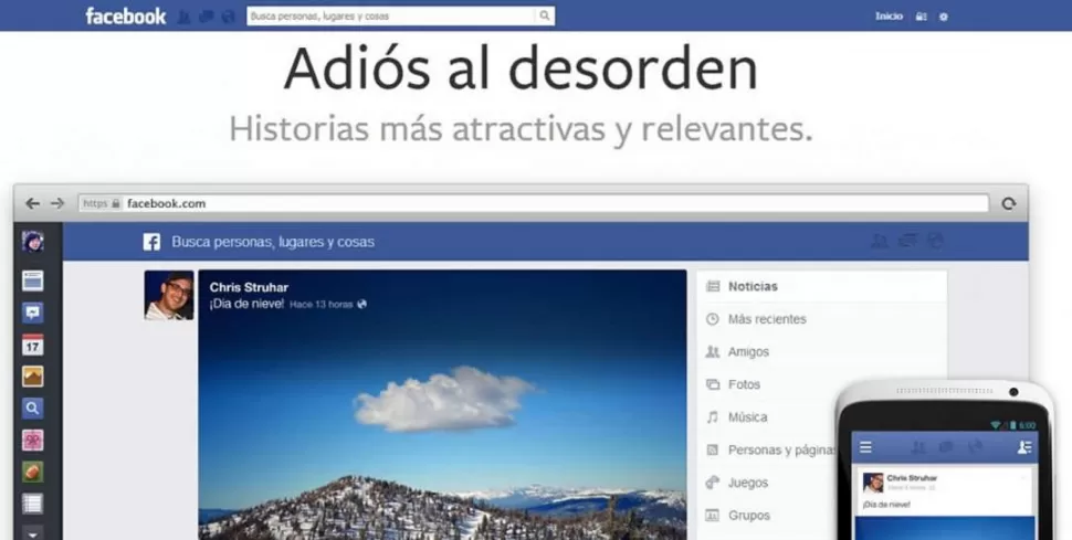 ADIOS AL DESORDEN. Lo nuevo de Facebook pretende presentar las noticias de manera más ordenada y estética. CAPTURA DE PANTALLA