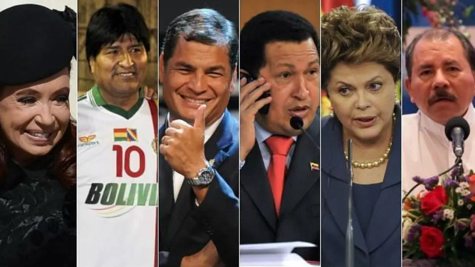 GASTADORES. Cristina Fernández, Evo Morales, Rafael Correa, Hugo Chávez, Dilma Rousseff y Daniel Ortega, en un montaje realizado por el portal ABC.es.