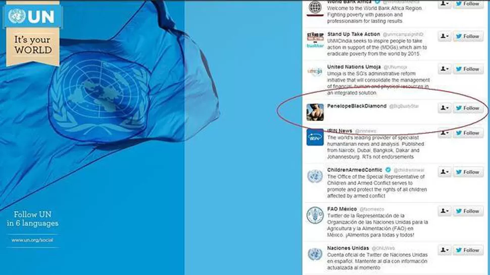 POLEMICA. La cuenta de Twitter de la ONU tenía una actriz porno entre sus contactos. FOTO TOMADA DE ABC.ES