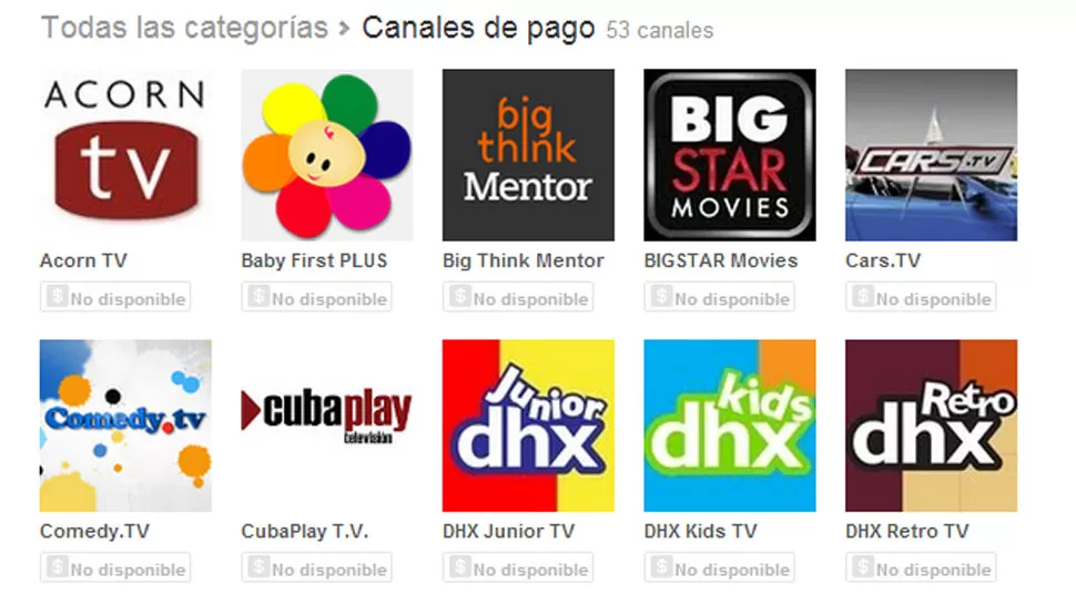 OPCIONES. En sus listados de canales, YouTube ahora ofrece pagos. CAPTURA DE PANTALLA.