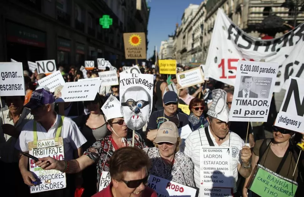 PROTESTAS EN MADRID. Los indignados españoles se movilizaron el domingo, dos años después del comienzo del movimiento de protesta social. REUTERS