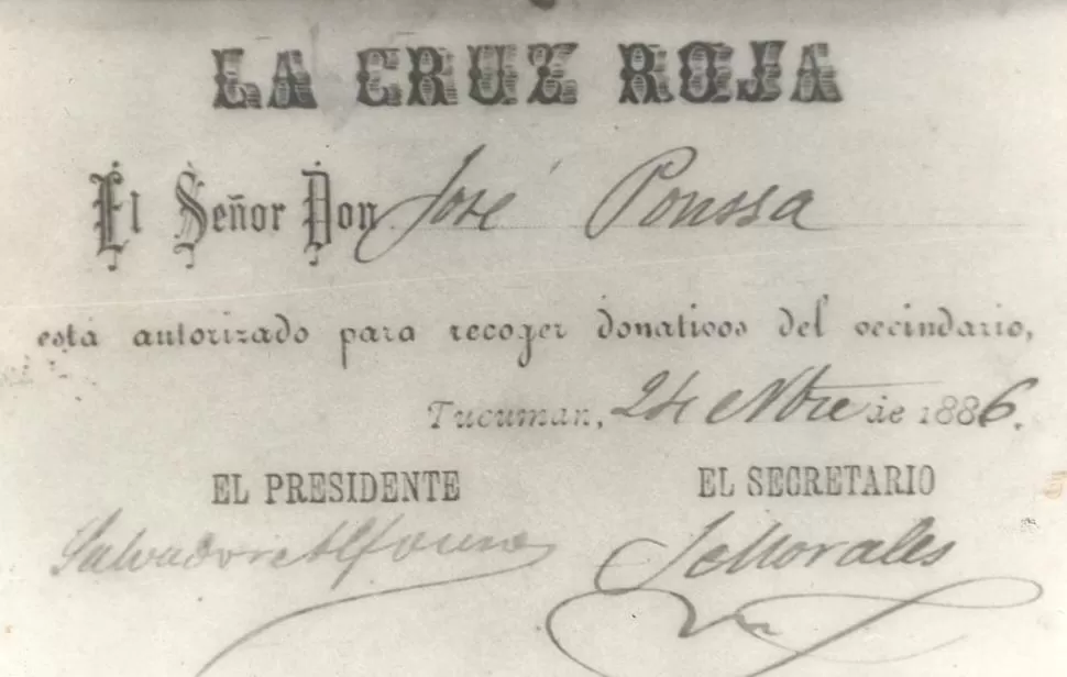 LA CRUZ ROJA. Una de las credenciales entregadas en noviembre de 1886 por la institución tucumana con motivo del cólera. LA GACETA / ARCHIVO