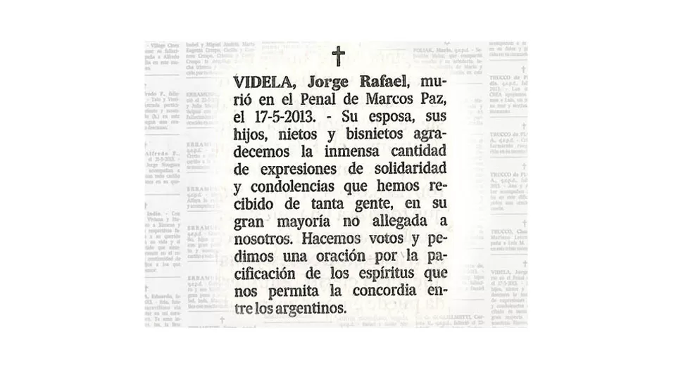 PÉSAME. Aviso fúnebre que la familia de Videla publicó en el diario La Nación. FOTO TOMADA DE INFOBAE.COM